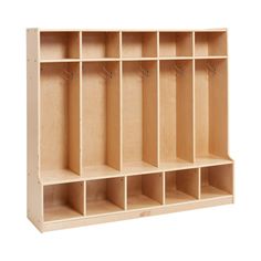 a large wooden shelf with six compartments