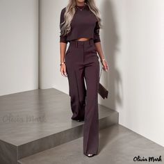 OliviaMark - Verführerische hochtaillierte Slim-Fit-Hose mit langen Ärmeln und bequemen Hosen Solid Color Pants, Straight Trousers, Long Sleeve Bodycon, Color Shorts, Trouser Suits, Straight Pants, Office Outfits, Shirt Outfit, Button Up Shirts