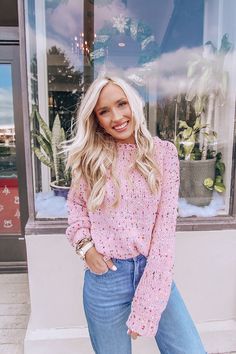 This unique sweater is the perfect way to add some colorful style to your fall outfits @heyitsbecks Unique Sweater, Unique Sweaters, Trendy Clothing, Pink Lily, Colorful Style, Winter Style, Pink Sweater, Online Boutiques, Colorful Fashion