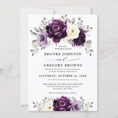 an elegant purple and white floral wedding card