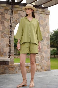 Two Piece Set  ➡ about the set - Comfortable Tunic with Slits and 3/4th sleeves  - Relaxed fit SHORTS with 2 deep side pockets and elasticized waist - the model is 175 cm high (regular XS - S) and is wearing size S. - Color of the co-ord set in the pictures - LEAF GREEN ➡ material: Cotton Linen blend. 60% cotton / 40% Linen  - We found out the fabric to be rather hard to photograph to have an exact color for exposure - fabric wrinkles often catches unexpected light and show thousands of shades i Summer Solid Color Short Sets, Summer Long Sleeve Sets For Day Out, Solid Color Short Length Summer Sets, Solid Short Length Summer Sets, Cotton Button-up Sets For Vacation, Collared Cotton Sets For Day Out, Relaxed Fit Long Sleeve Summer Set, Cotton Collared Sets For Day Out, Summer Sets With Relaxed Fit And Long Sleeve