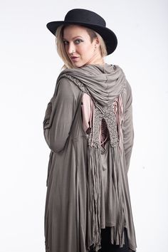 This fun, elegant, bohemian style cardigan has many hand-macrame details. There are fringe macrame at the hem, and original hand-macrame detail at the back. All macrame are hand-crafted by one worker, who I trained to do this macrame. Ethically made in small batches, fair trade sustainable clothing. Items are ready to ship from San Francisco, California. Sizes: all one size Colors: Black, Ash, Teal Burning Men, Hippie Chick, Fringe Cardigan, Bohemian Hippie, Hooded Cardigan, Style Cardigan, Estilo Boho, Burning Man, Sustainable Clothing