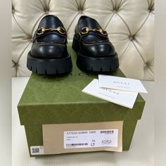 Brand New In Box With 2 Dust Bags And Authenticity Cards Gucci Horsebit-Detailed Metallic Embroidered Leather Platform Loafers Shoes In Size 37, Equivalent To Size 7,-7.5 As Gucci Shoes Run Big. Retail $1220 Plus Tax Gucci's Platform Loafers Have Been Spotted On The Likes Of Alyssa Coscarelli And Reese Blutstein. This All-Black Version Has Been Made In Italy From Smooth Leather And Is Set On Chunky Lug Soles. It's Detailed With The Label's Signature Horsebit Hardware And Turns To Reveal An Embro Gucci Platform Loafers, Gucci Designer Leather Shoes For Work, Designer Gucci Leather Shoes For Work, Designer Formal Platform Loafers, Designer Platform Loafers With Round Toe, Designer Round Toe Platform Loafers, Designer Calf Leather Platform Loafers, Gucci Designer Leather Shoes With Round Toe, Gucci Horsebit Platform Loafer