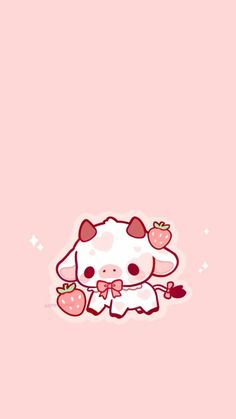 a pink background with a cute little cow eating strawberries and holding an apple in her hand