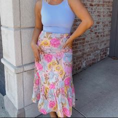 Adorable, Brightly Colored Floral Print Skirt. Zipper Closure. Fully Lined!! Size Small. New With (Detached) Tags. 100% Polyester Skirts Floral, Summer Items, Skirt Zipper, Floral Midi Skirt, Floral Print Skirt, Print Skirt, Women Skirts Midi, Printed Skirts, Pink Blue