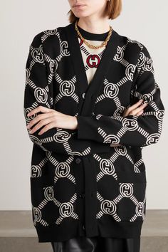 GUCCI Reversible jacquard-knit wool-blend cardigan | NET-A-PORTER Gucci Dapper Dan Pullover, Gucci Fitted Leather Jacket For Fall, Gucci Heart Cardigan, Gucci Coats & Jackets, Gucci Jacket Women Coats, Gucci Reversible Cardigan, Crochet Gucci Inspired, Gucci Sets For Women, Gucci Luxury Winter Cardigan