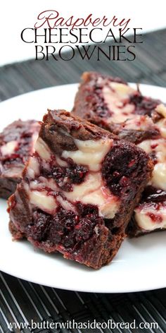 raspberry cheesecake brownies on a white plate