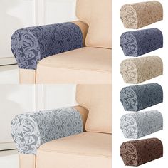 an image of towels on the back of a chair with different colors and patterns to choose from