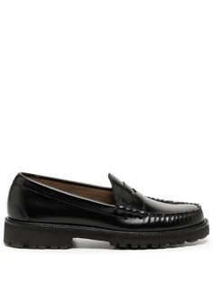 Weejuns 90s penny loafers from G.H. Bass & Co. featuring black, leather, penny slot, whipstitch trim, almond toe, slip-on style, branded leather insole and flat leather sole. 90s Items, G H, Penny Loafers, Curator Style, Penny, Bass, Almond, Black Leather, Loafers