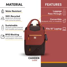 With three-in-one functionality as a backpack, crossbody or tote, the best-selling Camden does it all. This convertible bag has a large capacity that can handle those “just in case” items. Made from recycled material, the Camden features two water bottle holders, a padded laptop sleeve and a luggage pass-through. The perfect “personal item” for air travel, the Camden is sure to be your new travel favorite! Durable Multifunctional Backpack For Travel, Durable Multifunctional Travel Backpack, Functional Rectangular Backpack For Hiking, Functional Backpack With Luggage Sleeve For Outdoor Activities, Brown Functional Laptop Bag For Outdoor, Functional Brown Laptop Bag For Outdoor, Versatile Durable Backpack For Travel, Durable Versatile Backpack For Travel, Versatile Durable Travel Backpack