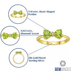 You'll love accessorizing any look with this gorgeous 18k gold plated sterling silver heart-shaped peridot and diamond accented ring. You'll love accessorizing any look with this gorgeous 18k gold plated sterling silver heart-shaped peridot and diamond accented ring.Click on this JEWELRY & WATCHES GUIDE to learn about fit, styles, materials and more! Width: 6 mm Metal: sterling silver Plating: 18k gold Finish: polished Packaging: boxedSTONE DETAILS Stone type: peridot Total weight: 9/10 ct. Shap Gold Heart Cut Jewelry For May Birthstone, Gold Heart Cut Emerald Jewelry, Elegant Green Heart Ring For Valentine's Day, May Birthstone Yellow Gold Jewelry With Accent Stones, Adjustable Heart Cut Yellow Gold Jewelry, Green Heart Ring For May Birthstone Gift, Elegant Heart Ring With May Birthstone Gemstone, Adjustable Peridot Jewelry For Anniversary, Yellow Gold Jewelry With Accent Stones For May Birthstone