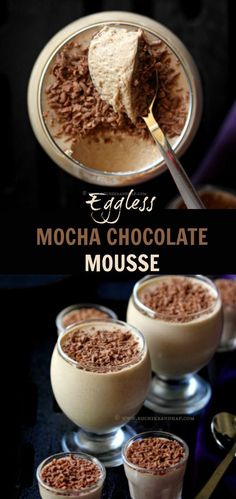 mocha chocolate mousse in small glasses with spoons