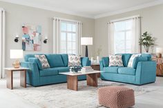 Keerwick Teal Living Room Set from Ashley - Luna Furniture Small Cottage Living Room, Full Bed Loft, Turquoise Sofa, Queen Mattress Set, Teal Living Rooms, High Sleeper, Teal Sofa, Sofa And Loveseat, Bolster Pillows