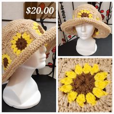 three pictures of hats with sunflowers on the front, and one has a crochet pattern