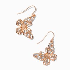 Claire's Gold-tone Filigree Butterfly 1.5" Drop Earrings Gold Metal Earrings With Butterfly Charm, Gold Earrings With Butterfly Charm, Elegant Summer Jewelry With Butterfly Charm, Elegant Spring Butterfly Jewelry, Spring Gold Jewelry With Butterfly Charm, Gold Hypoallergenic Jewelry For Spring, Hypoallergenic Gold Jewelry For Spring, Spring Hypoallergenic Gold Jewelry, Rose Gold Metal Earrings For Spring