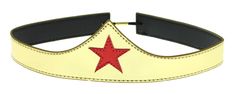 a gold crown with red star on the front and black leather band around it's sides