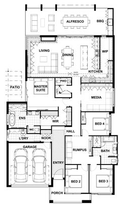 the floor plan for a two story home with three car garages and an attached living area