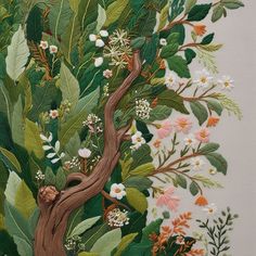 a painting of a tree with flowers and leaves on it's branches, in front of a white background