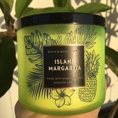 a hand holding a jar of bath and body works island margarita scented candle in front of a potted plant