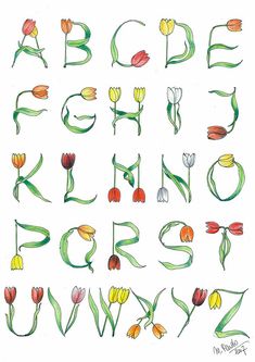 the letters are drawn with colored pencils and have tulips growing out of them