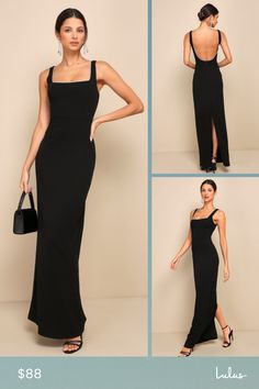 Bring an elevated sparkle wherever you go in the Lulus Timeless Poise Black Rhinestone Square Neck Backless Maxi Dress! This luxe dress has a stretchy, techno crepe woven fabrication that falls from wide straps into a flattering square neckline that continues into a scoop back, all adorned with sparkling rhinestone trim. A princess-seamed bodice and a fitted waist sit atop a figure-skimming column skirt that finishes at an elegant maxi hem. Kick pleat at back allows for movement. Hidden back zip Sleek Maxi Dress For Night Out With Flattering Silhouette, Maxi Dress With Straight Neckline For Evening, Straight Neckline Stretch Maxi Dress For Night Out, Stretch Maxi Dress With Straight Neckline For Night Out, Stretch Maxi Dress With Straight Neckline For Evening, Elegant Evening Dress With 4-way Stretch, Backless Elastane Maxi Dress For Night Out, Night Out Dress With Straight Neckline In Elastane, Evening Elastane Dress