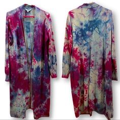 Hand Crafted Ice Dye Tie Dye Long Sleeve Open Front Duster Cardigan Sweater. Size L. Purples, Burgundy, And Blues Combine To Create A Color Mix Like The Night Sky/Galaxy/Outer Space. An Elegant Piece For Work Professional Career Office Setting Over A Dress, Skirt, Or Pants, Or A Fantastic Addition To A Date Night Outfit When Paired With Jeans And Ankle Booties. Rayon/Poly For Comfort And Drape. Wearable Art! Tags Removed For Dyeing/Brand New. Approx Measurements Pit To Pit 21 Length 39 Teerexbab Multicolor V-neck Outerwear For Layering, V-neck Multicolor Outerwear For Spring, Long Cardigan For Spring Loungewear, Long Spring Cardigan For Loungewear, Multicolor Outerwear For Spring Loungewear, Multicolor Cotton Cardigan For Layering, Purple V-neck Fall Cardigan, Layered Multicolor Cotton Cardigan, Multicolor Long Sleeve Cardigan For Spring