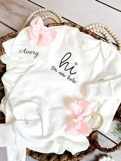 PRINTED Directly to the garment with Child Safe CPSIA Inks. Never any Cracking, Peeling or Fraying! (THIS IS NOT EMBROIDERY) Introducing our adorable personalized newborn girl coming home outfit, a baby girl coming home outfit that you and your loved ones are bound to fall head over heels in love with. This newborn girl coming home newborn outfit will be among the most cherished of your baby girl clothes. Our baby clothes are crafted from the softest fabrics and designed to ensure your baby's co White Long Sleeve Sets For First Birthday, White Long Sleeve Set For First Birthday, Personalized White Cute Sets, Keepsake Ideas, Outfit Baby Shower, Newborn Coming Home Outfit, Amelia Rose, Girl Coming Home Outfit, Baby Coming Home Outfit