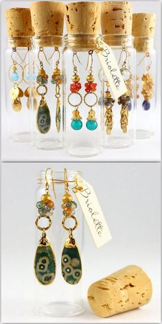 three different images of earrings in glass jars with corks and corkscrews