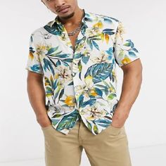 Asos Design Viscose Regular Shirt In Haiwaiian Large Floral New With Tag, Never Worn. #Tds179m Green Floral Print Hawaiian Shirt For Summer, Floral Print Shirt For Summer Vacation, Short Sleeve Hawaiian Shirt With Floral Print For Beach, Floral Print Hawaiian Shirt For Beach, Beach Hawaiian Shirt With Floral Print And Short Sleeves, Summer Vacation Shirt With Floral Print, Summer Vacation Shirt With Tropical Print, Summer Vacation Floral Print Shirt, Relaxed Fit Floral Print Hawaiian Shirt For Beach