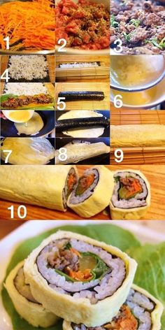 several different types of sushi are shown in this collage, including rice and vegetables