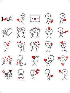 various stickers depicting people holding hands and hearts, with the words i love you written on