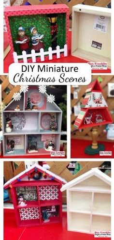 diy miniature christmas scenes made out of cardboard boxes and bookshelves with text overlay that says diy miniature christmas scenes