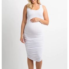 Nwt. Never Worn Chic Maternity Ruched Midi Dress, Chic Ruched Maternity Midi Dress, Chic Spring Midi Dress For Maternity Wear, White Fitted Maternity Midi Dress, White Fitted Midi Dress For Maternity, Chic Fitted Ruched Maternity Dress, Elegant Ruched Maternity Dress For Spring, Spring Sleeveless Ruched Maternity Dress, Sleeveless Ruched Maternity Dress For Spring