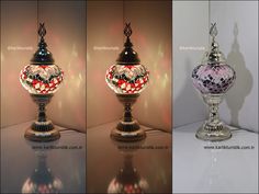 three different views of an ornate lamp with mosaics on the top, and bottom