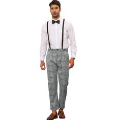 Lars Amadeus Checked Dress Pants for men feature a lightweight fabric and straight fit design. The plaid pattern adds a stylish touch to your business attire. These pants come with brown suspenders, making them versatile for both casual and business styles. Easily pair them with a T-shirt, polo shirt, or blazer to create a polished look. Ideal for work, proms, parties, dating, and daily wear, these pants are suitable for various occasions and all seasons. Dress Pants For Men, Suspenders Dress, Brown Suspenders, Slim Fit Chino Pants, Checked Dress, Business Pants, Slim Fit Chinos, Mens Stripes, Mens Dress Pants