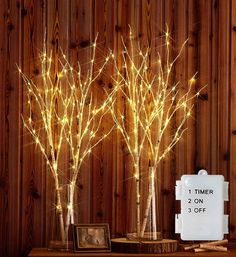 three lighted trees in glass vases on a table with a sign that reads 1 timer 2 on 3 off