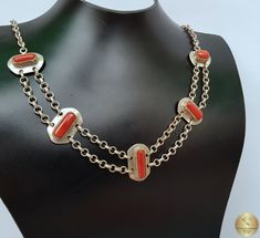 "◎ Red coral necklace based on a solid, belcher type chain. Mediterranean coral cabochons are encapsulated in simple bezels. The coral is unique, all natural and hasn't been treated or dyed in any way. Everything is handmade from solid sterling 925 silver. ◎ Length: 44.5 cm ( 17.5\" ) Dimensions of coral cabochons: 5-6 mm in width, 9-17 mm in length ◎ Enter the shop, for more of our jewelry, and matching earrings ;) ◎ - - - - - - - - - - - - - - - - - - - - - - - - - - - - - - - - - - - - - - - Vintage Red Jewelry With Adjustable Chain, Red Round Chain Jewelry, Handmade Red Oval Necklace, Vintage Red Chain Necklace, Unique Link Necklaces For Gifts, Unique Link Necklace For Gift, Red Vintage Necklace With Cabochon, Red Metal Chain Necklace As Gift, Unique Red Cabochon Jewelry