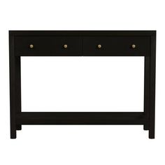 a black console table with two drawers on one side and gold knobs on the other