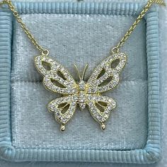 "Beautiful Diamond Butterfly Necklace.  Diamond encrusted Butterfly necklace with sparkling full cut diamonds.  Set in 18K gold with a Strong cable link adjustable chain from 16\" to 17\" or 18\".  Solid 18K Gold.  Excellent craftsmanship, all diamonds are set smooth.   Butterfly measures 20x17mm.  The back side is nice and smooth. So the butterfly will lay nice and won't flip around.    Genuine Round Brilliant Cut Diamonds Total 0.43 carats sparkling white diamonds  Clarity: SI Color: G/F 5.20 grams available one of each 18K White, Yellow, Or Rose gold Comes with Gift Box  * We have been in the wholesale Jewelry business for over 30 years serving the community at the same location.  All diamonds we use are natural stones and fine quality gold.  Absolutely NO clarity enhanced or treated di Diamond Butterfly Necklace, Ombre Rings, Flower Diamond Ring, Rainbow Band, Diamond Butterfly, Diamond Wedding Sets, Necklace Diamond, Butterfly Necklace, Butterfly Pendant