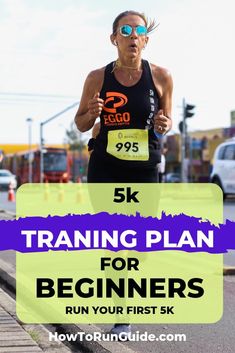 a woman running with the words 5k training plan for beginners run your first six