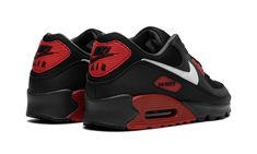 The Nike Air Max 90 "Black/Red" is a colorway of the retro running shoe with fiery red accents.  Debuted as the Nike Air Max 3 back in 1990 before changing to the Air Max 90, the retro sneaker is one of the most beloved in all of Nike’s footwear catalog.  The “Black/Red” colorway features a black textile base paired with a tonal nubuck mid-panel and mudguard.  A white leather Swoosh is seen on both sides of the shoe and a red “Air Max” branding window is found on the lateral side of the mudguard Air Max 90 Red, Black Red Shoes, Red Air Max, Nike Air Max 90 Black, Air Max 90 Black, Nike Air Max Shoes, Retro Running Shoes, Branding Elements, Sneakers Nike Air Max