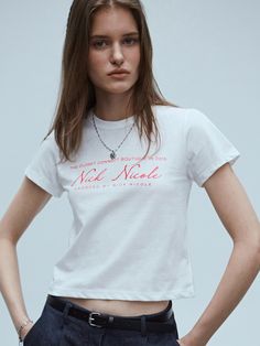 Editor's NoteThis is a kitschy Nick Nicole logo T-shirt. It is a highly versatile item that can be styled with various bottoms such as jeans and skirts.-Create a classic yet trendy mood with a cropped T-shirt- Anyone can easily wear it with a round neck- Made of soft touch fabric- Made to minimize deformation of clothes during washing due to high durability*Actual colors may differ depending on monitor specifications and resolution.*The color of the product shown in the model image may differ from the actual product due to weather and lighting.*Please refer to the product detail cut below to check the exact color of the product.Measurements (in.)ONE SIZE (XS-M)- Shoulder: 12.6 in.- Chest: 15.35 in.- Sleeve: 5.51 in.- Length: 18.5 in.*Model size: Height 5'68, Bust 31, Waist 23, Hip 35*The a Spring Cotton T-shirt With Logo Lettering, Vintage Fitted Tops With Logo Print, Spring Crew Neck T-shirt With Logo Lettering, Fitted Vintage Tops With Logo Print, Summer Short Sleeve Tops With Logo Lettering, Summer Short Sleeve Tops With Logo, Casual T-shirt With Logo Lettering For Spring, Casual Spring T-shirt With Logo Lettering, Spring Casual T-shirt With Logo Lettering