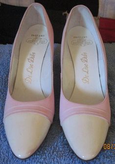 These are BEAUTIFUL Vintage 60's/70's De Liso Debs-Pageant-Corfan Pink "Velvet" & White Patent Leather High Heel Shoes....size 8&1/2 AAA     These were my Grandmother's & she was a WELL DRESSED WOMAN at all times. She wore only the best! And when she bought something she would wear them out & have them re-soled over & over again until they just weren't wearable anymore.  BUT this pair doesn't have any scuff marks, nor does the tips of heels & soles look like they've hardly IF EVER been worn! In shoe box but may NOT be the original one. These have a pink "velvet" feel sides with what to ME reminds me of "patent" leather white tip shoes. These are what I think may be considered a low/high heel...I'm guessing that they're 3" heels ( I'm going by pic at this time...but I'm only looking at the 60s Pink Aesthetic, 60s Products, 1960s Heels, Hachi Style, 60s Gogo, Low High Heels, 60s Shoes, 1960s Shoes, Women's Slip Ons