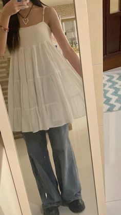 Sawakocore Outfit, Sawako Kuronuma Outfit Inspired, Sawako Core Outfit, Kuronuma Sawako Outfits, Shoujo Beach Outfit, Sawako Outfits Inspired, Spring Warm Outfits, Sawako Kuronuma Outfit, Jeans Under Dress Outfit