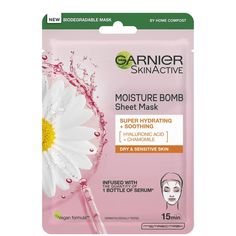 Envelop thirsty skin in the Garnier Chamomile Hydrating Face Sheet Mask , a deeply nourishing treatment that helps to minimise dryness and sensitivity. The lightweight tissue mask is infused with a rich serum containing Glycerin, Chamomile and Hyaluronic Acid, which delivers instant and lasting moisture to skin in order to ease feelings of irritation and tightness. After use, skin feels calm and comfortable and is infused with a healthy-looking glow.  Suitable for dry and sensitive skin types. Garnier Sheet Mask, Garnier Face Mask, Soothing Face Mask, Tanning Moisturizer, Silk Pillowcase Hair, Face Sheet Mask, Garnier Skin Active, Hair Color Shampoo, Dry Sensitive Skin