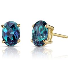 14K Yellow Gold Oval Shape 2.00 Carats Created Alexandrite Stud Earrings E19092 Alexandrite Earrings, Oval Cut, Oval Shape, Diamonds, Yellow Gold, Stud Earrings, Gemstones, Purple, Yellow