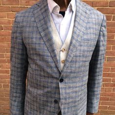 Versatile Soft Plaid Jacket In Light Gray And Plaid Check Made In Usa Of Imported Fabric Two Button, Two Vents 1/4 Lined 37% Bamboo, 32% Silk, 31% Linen Luxe Feel Blue Tweed Jacket With Lapel Collar For Business Casual, Blue Tweed Jacket With Suit Collar For Business Casual, Blue Tweed Jacket With Lapel Collar And Pockets, Classic Blue Linen Sport Coat, Blue Tweed Jacket With Suit Collar For Office, Blue Single-breasted Tweed Jacket For Work, Blue Tweed Business Jacket For Spring, Blue Tweed Suit Collar Jacket For Office, Blue Tweed Jacket For Business In Spring