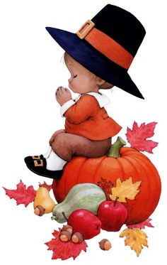 a child sitting on top of a pumpkin surrounded by autumn leaves and acorns