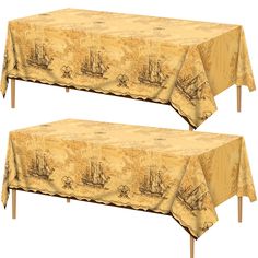 two tables covered in yellow tablecloths with ships on them