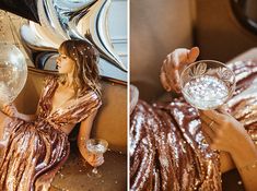 a woman sitting on a couch holding a glass in her hand and wearing a dress with sequins